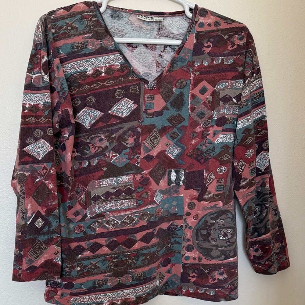Chico's Patterned V-Neck Long Sleeve Top - Burgundy, Teal, Dusty Rose